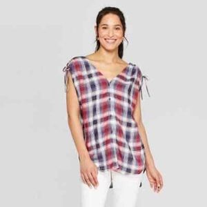 Knox Rose Sleeveless Plaid Tie Waist Button Down Top Women's Size XS
